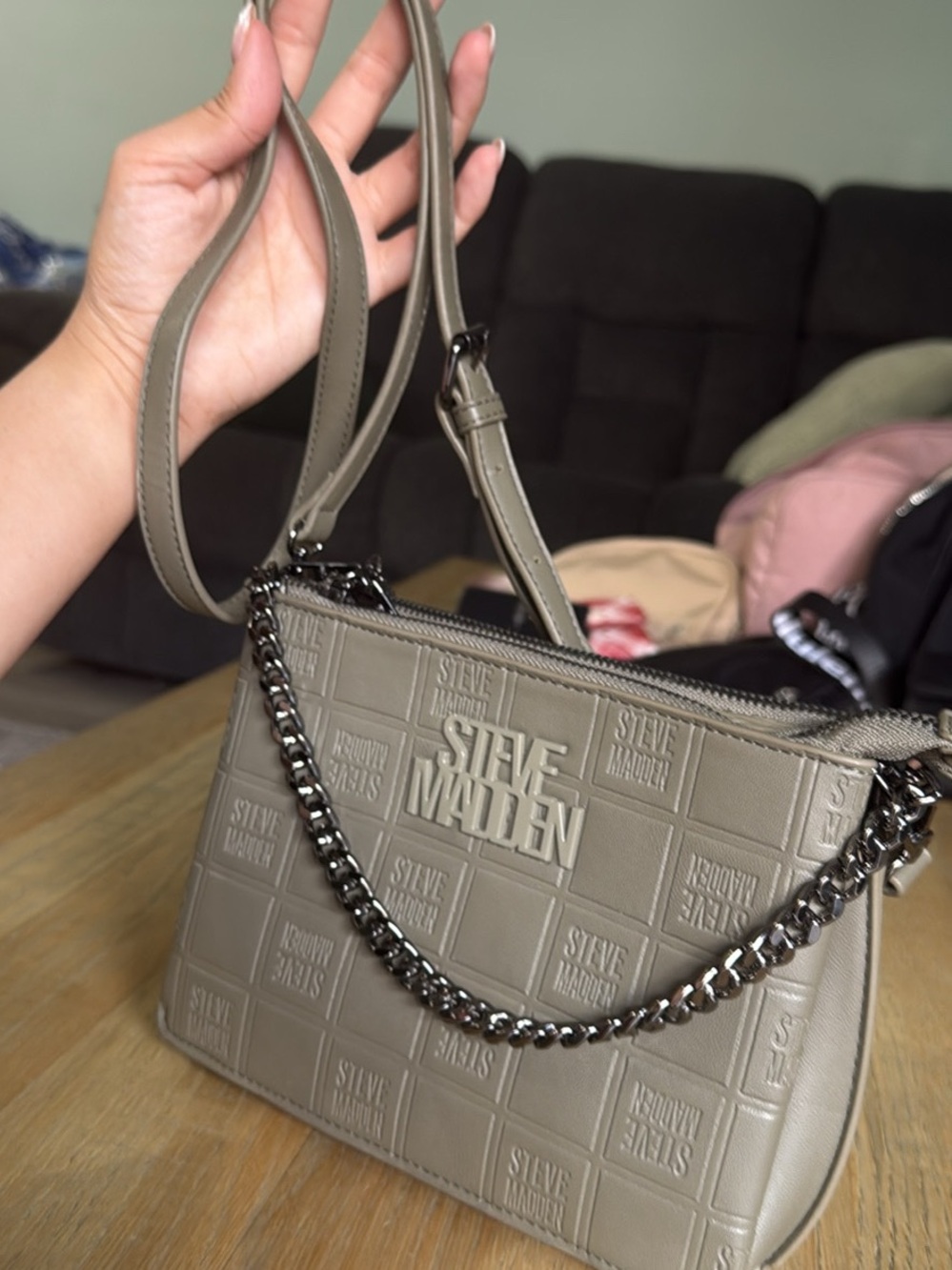 Steve Madden Embossed Taupe Crossbody with Gunmetal Chain